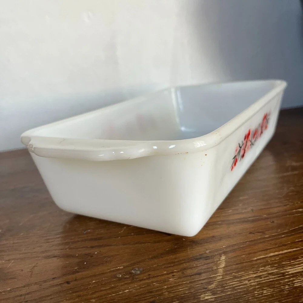 VTG Fire King Primrose Milk Glass Bread Loaf Pan 409 Baking Dish 1 Qt Floral USA